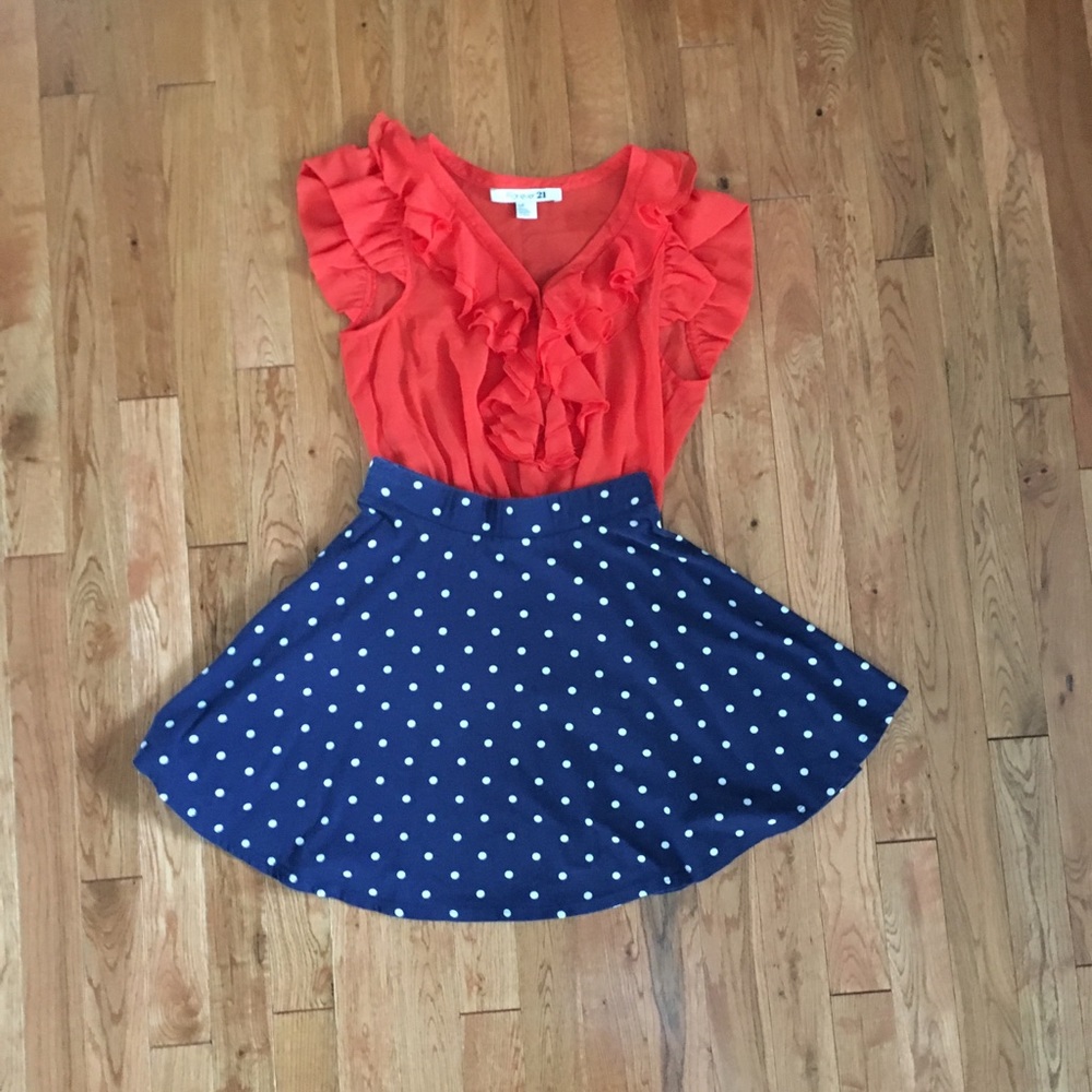 Navy with white polka dot skirt